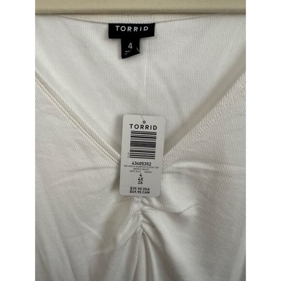 Torrid Bright White Ribbed V-Neck Shirred Top Size 4 (4X / 26) NWT Cotton Blend - Picture 4 of 8